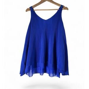 Mango Women Top Royal Blue V-Neck Relaxed Fit Flowy Sleeveless Blouse Size S